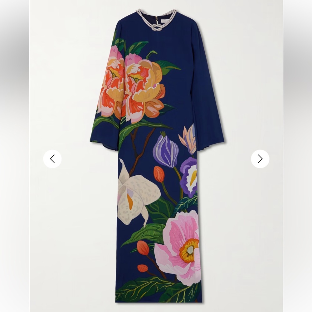 BORGO DE NOR Capucine Embellished Floral-Print Crepe de Chine Maxi Dress